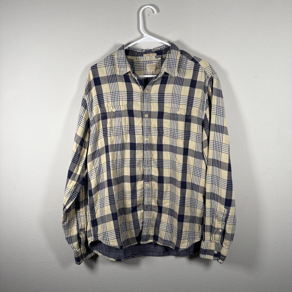 Lucky Brand Shirt Mens Large Blue Tan Plaid Flannel Classic Fit Button Up